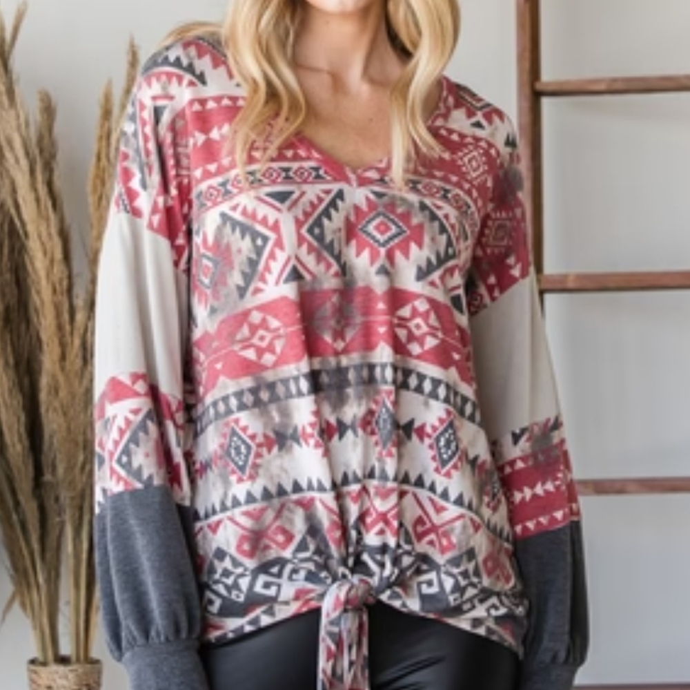 BOUTIQUE Aztec Print Boho Balloon Sleeve Tie Front Long Sleeve